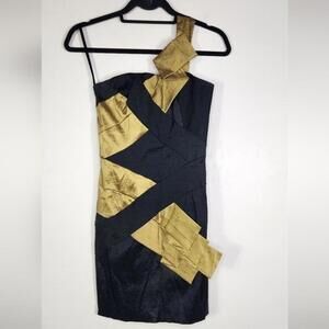 Cache VTG 80s Bodycon Dress Women’s 2 Origami One Shoulder Black Gold